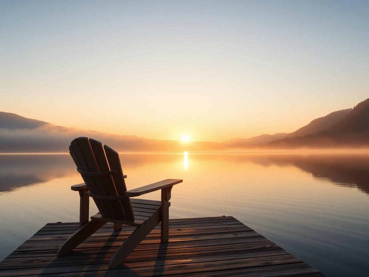 A wooden chair on a dock looking out over an Adirondack lake